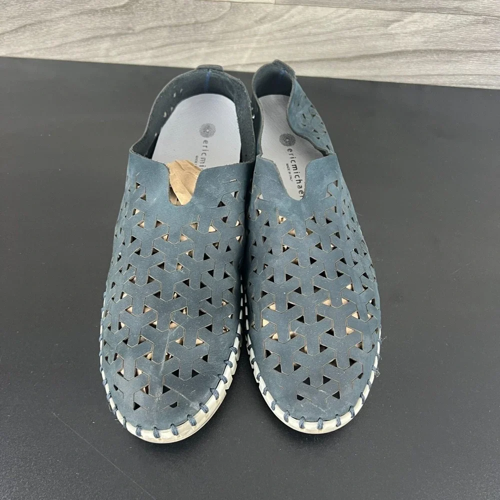 Eric Michael Inez Shoes Men's 10 Navy Blue Leather Casual‎ Slip-On Flats Preppy